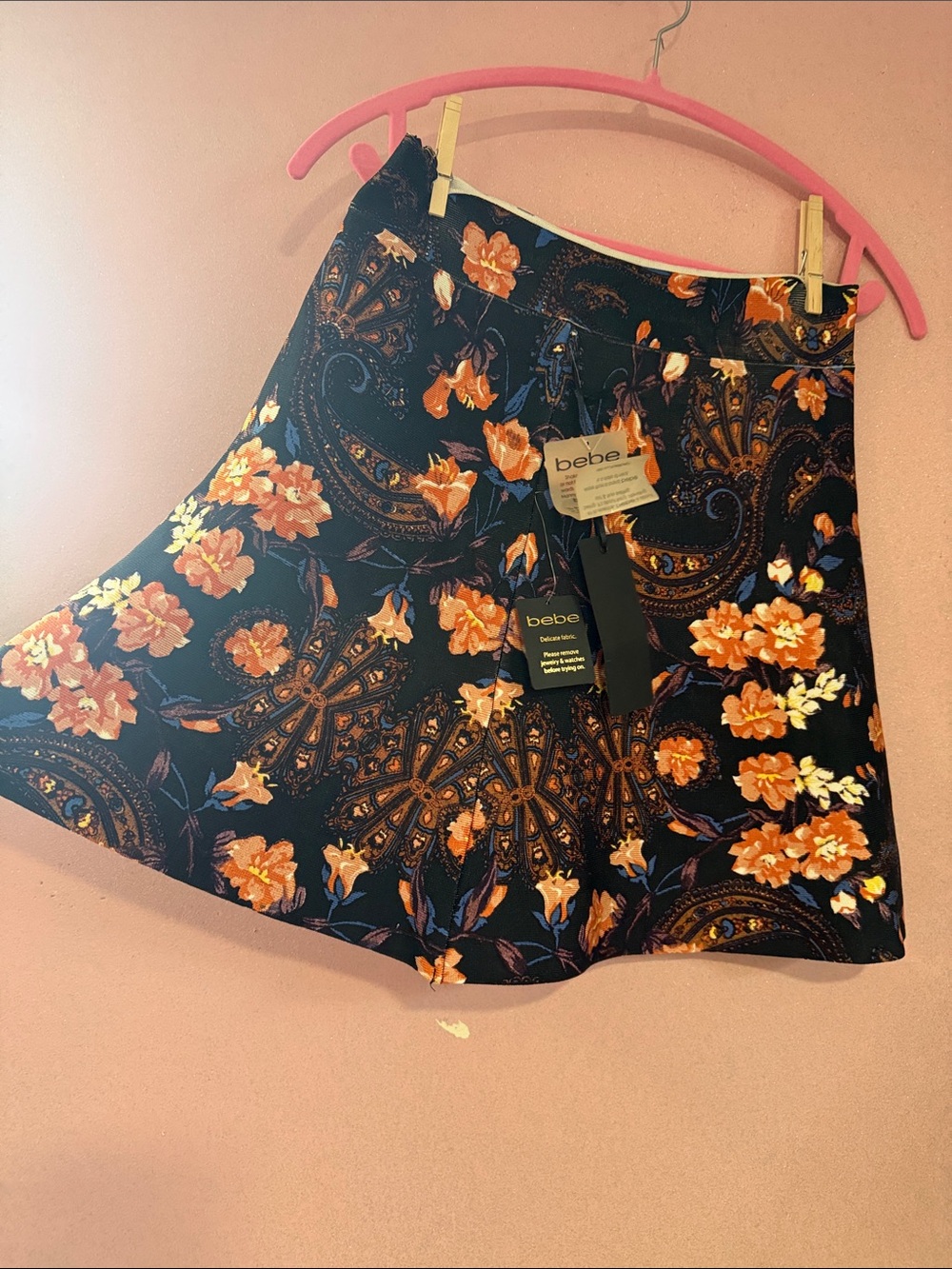 bebe Black Skirt with Orange and Purple Floral Paisley